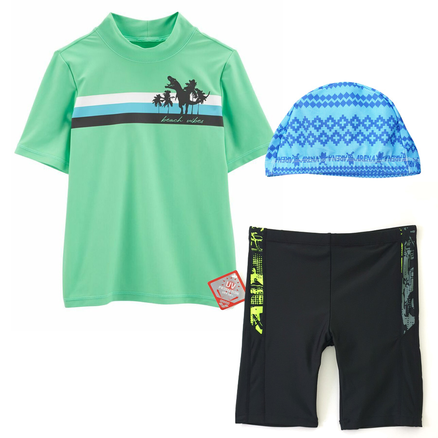 Bộ bơi cho bé trai hàng xuất xịn vải chống nắng UPF 50+ từ 32kg đến 36kg màu xanh khủng long