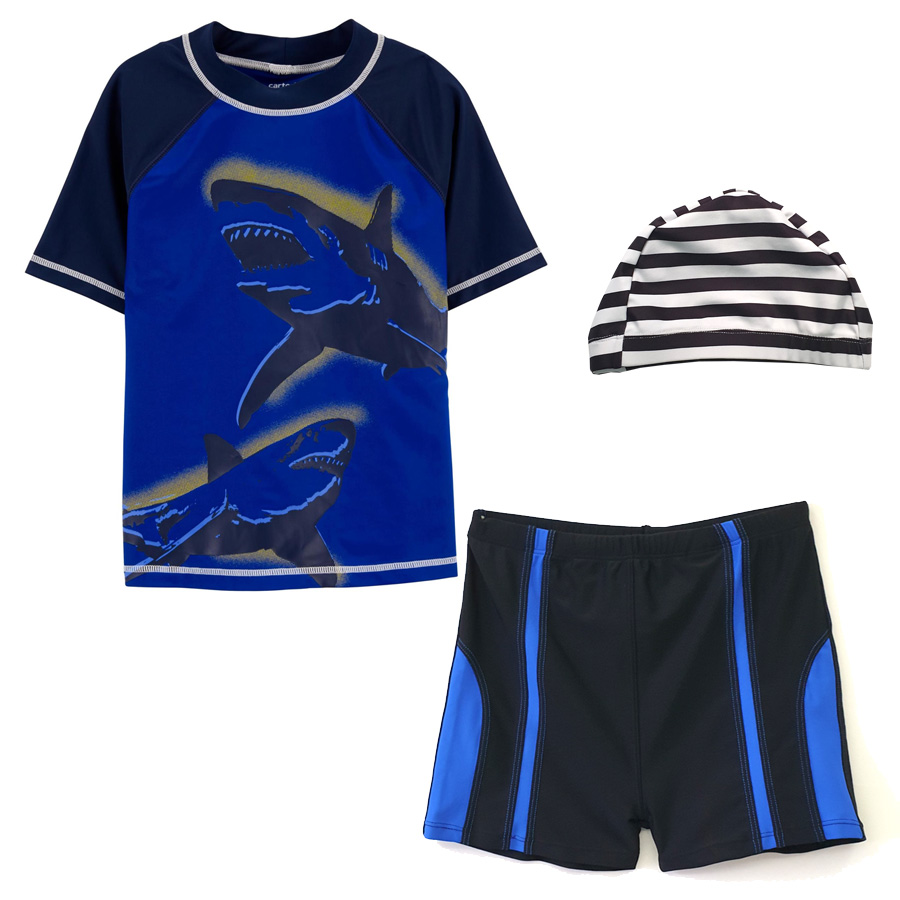 Bộ bơi cho bé trai hàng xuất xịn vải chống nắng UPF 50+ từ 32kg đến 36kg màu xanh dương cá mập